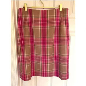 Vintage JG Hook Women’s 12 100% Wool Pink Brown Plaid Midi Skirt A Line Medium L